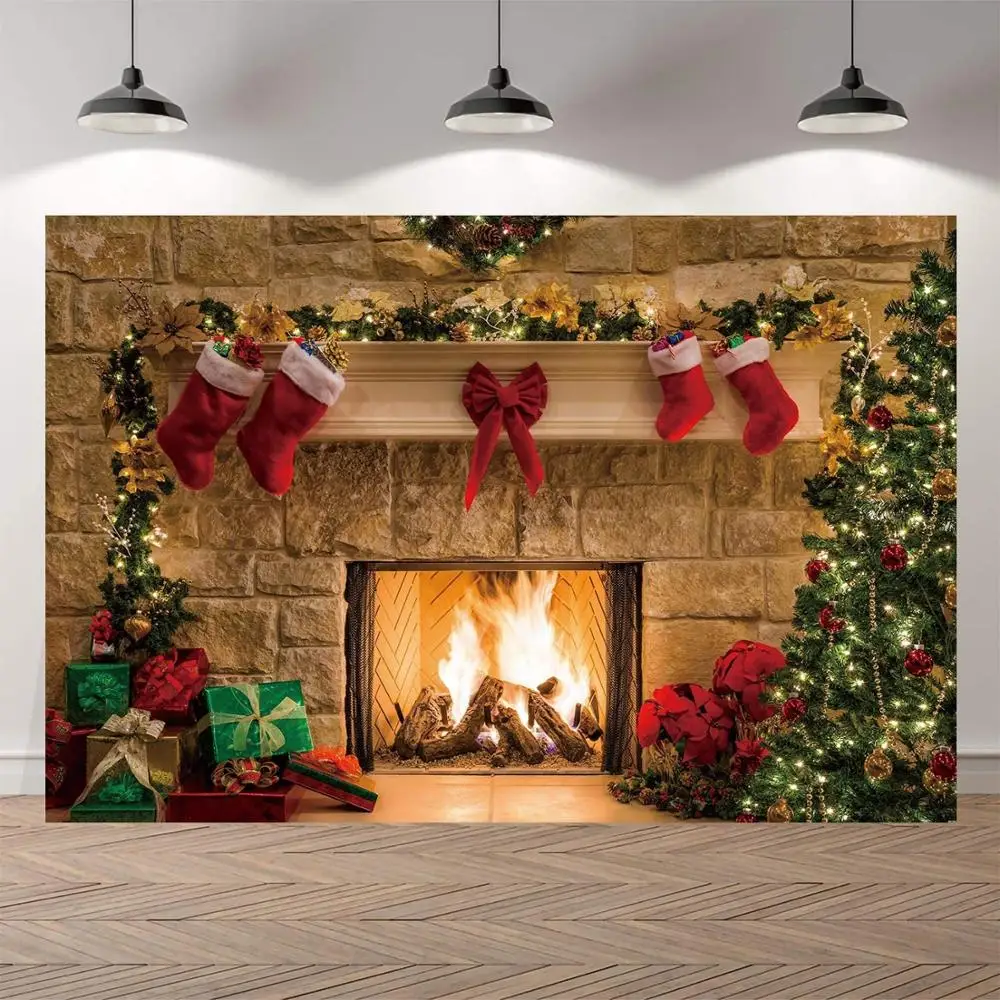 NeoBack Vinyl Christmas Tree Fireplace Stockings Home Decoration Photocall Banner Photography Background Studio Photo Backdrop