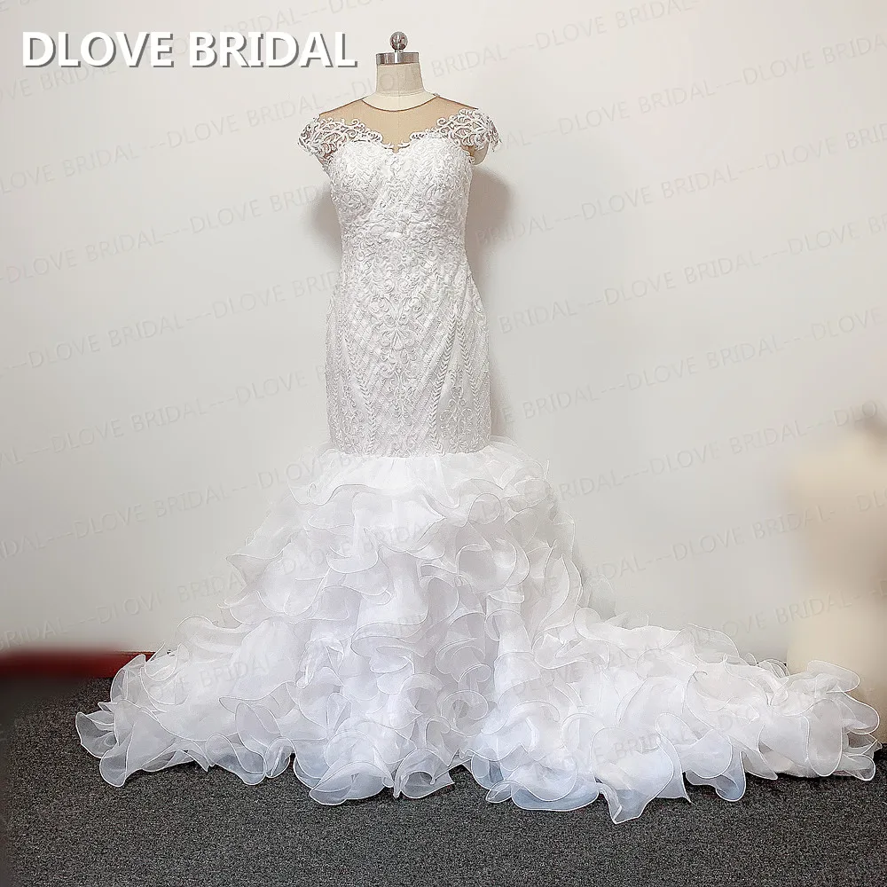 

High Quality Beaded Lace Wedding Dress Unique Illusion Back Ruffles Organza Skirt Bridal Gown