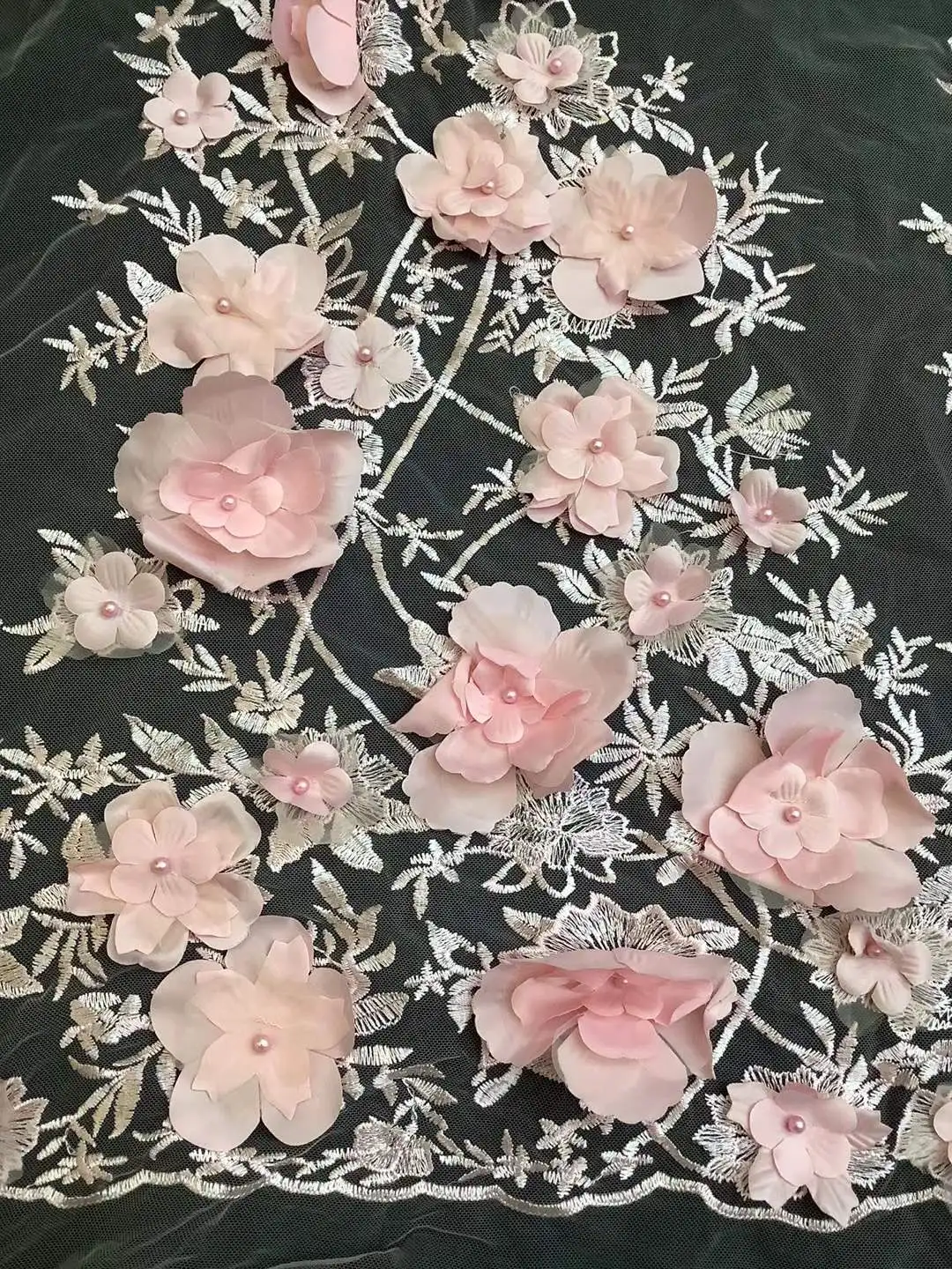 Beautiful Pink 3D Flower Fabric with Beads Embroidery, French Tulle Net Lace, Nigerian Wedding Dresses, Lace，Evening Dresses,