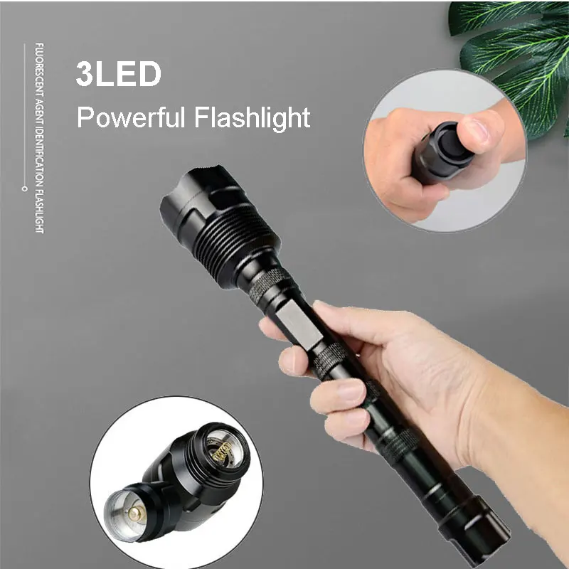 TMWT Strong beam Ultraviolet Light Torch Lamp Powerful 3LED UV Flashlight 395nm 365NM 18650 Matt Black Tactical Lanter