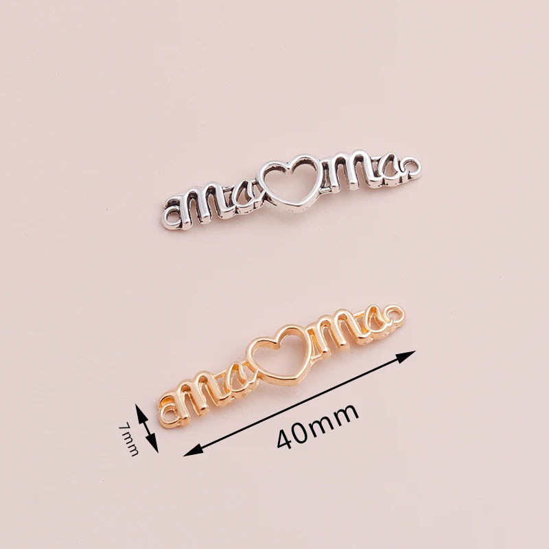 Leslie 20pcs 40x7mm Long Hollow Letters Mama Hearts Connector Pendants for Mother's Day Necklaces Bracelets Making Accessories