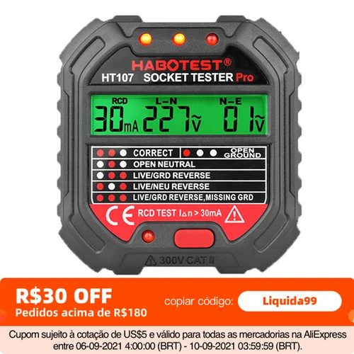 Habotest 소켓 테스터 프로 전압 테스트 RCD, 30mA 소켓 감지기, 영국 EU 플러그, 그라운드 제로 라인 플러그, 극성 위상 검사, HT107 