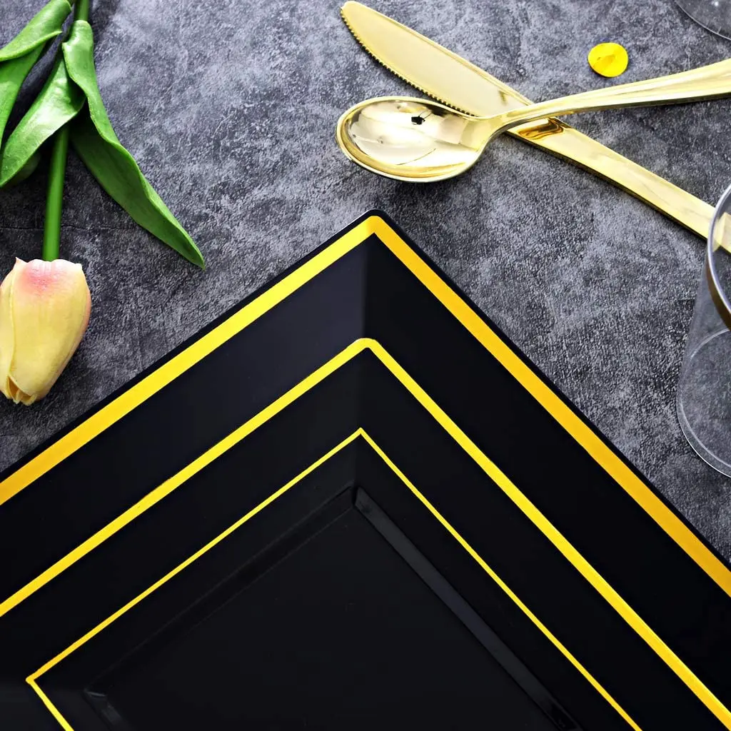 Elegant Disposable Plastic Dinner Plates,Heavy Duty Fancy Square Black with Gold Rim Plastic Salad/Dessert Plates for Party