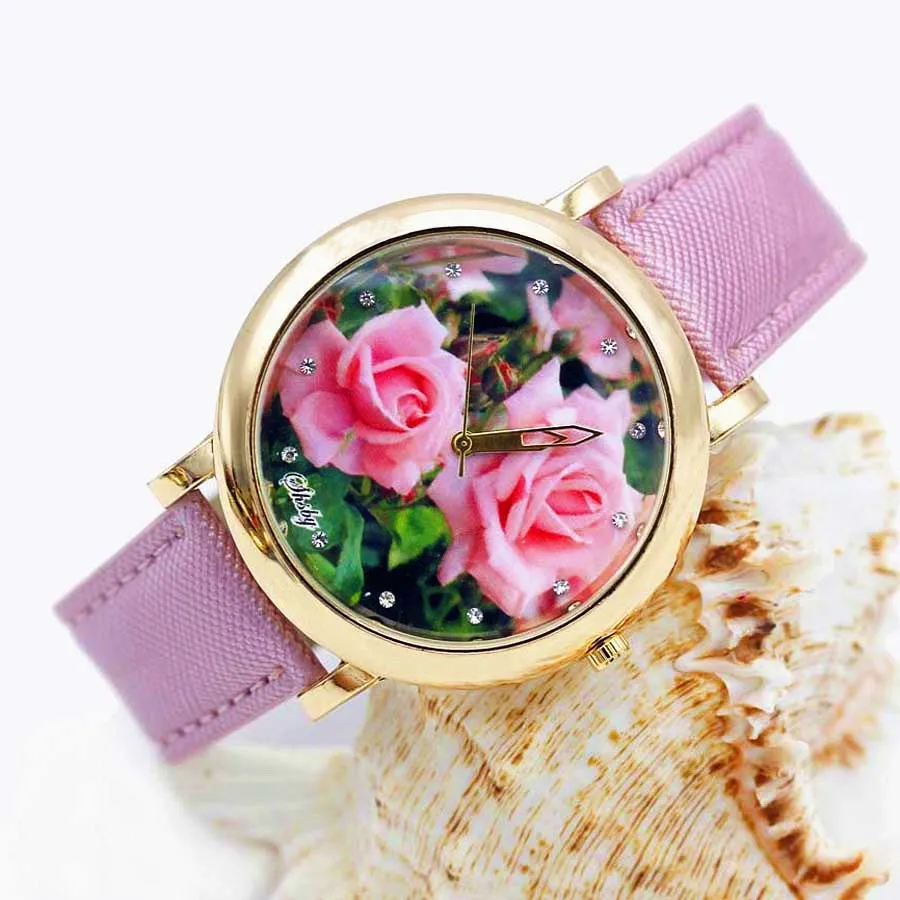 Shsby Bright Leather Strap Watches Rose Gold Women Dress Watch Girl Flower Casual Wristwatch Lady Rhinestone Quartz Watch 01