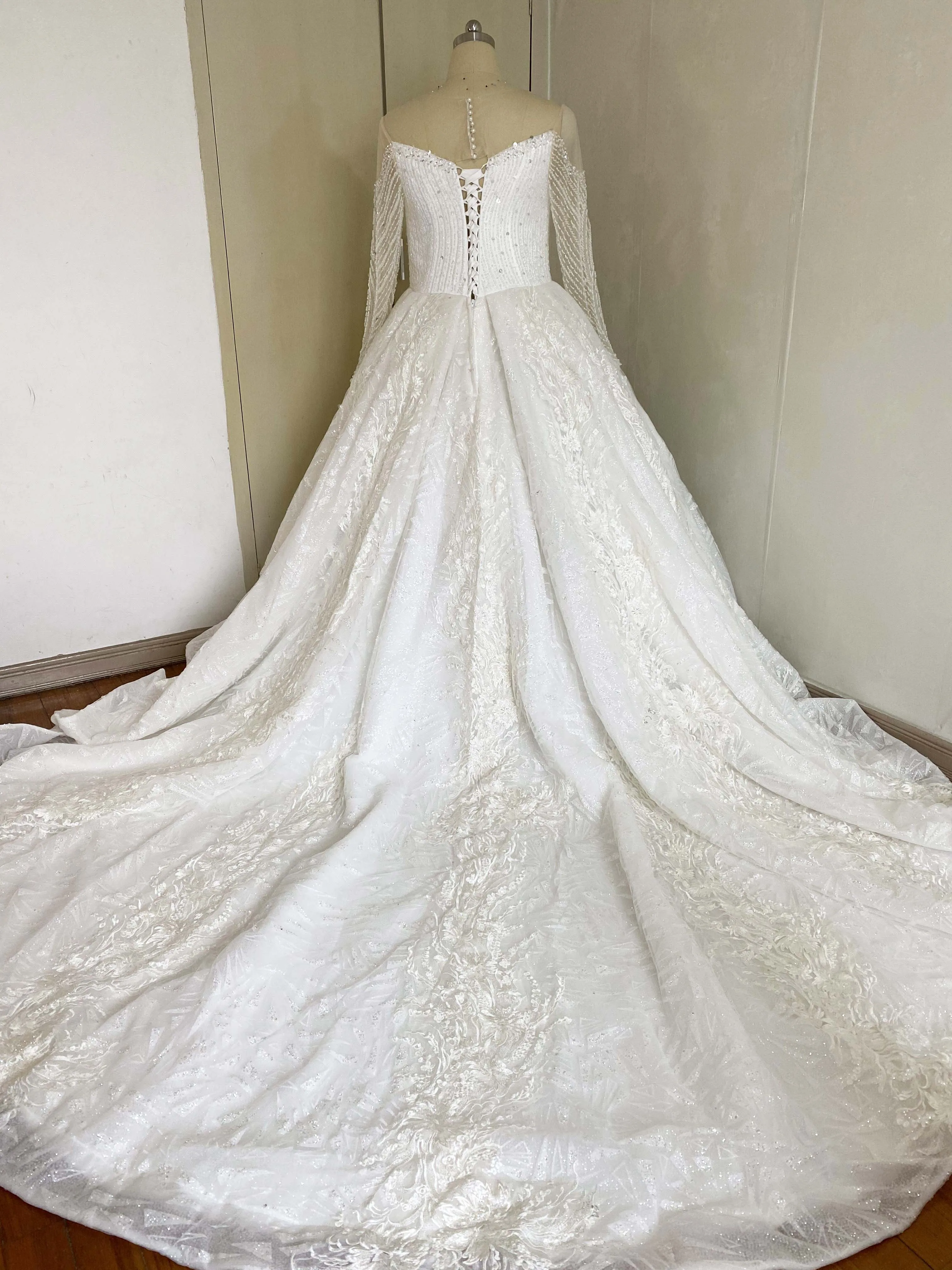 Cao Cấp Váy Áo Ảo Ảnh O Cổ V Sâu Đính Hạt Nặng Tay Dài Bầu Bling Bling Vestidsos De Novias