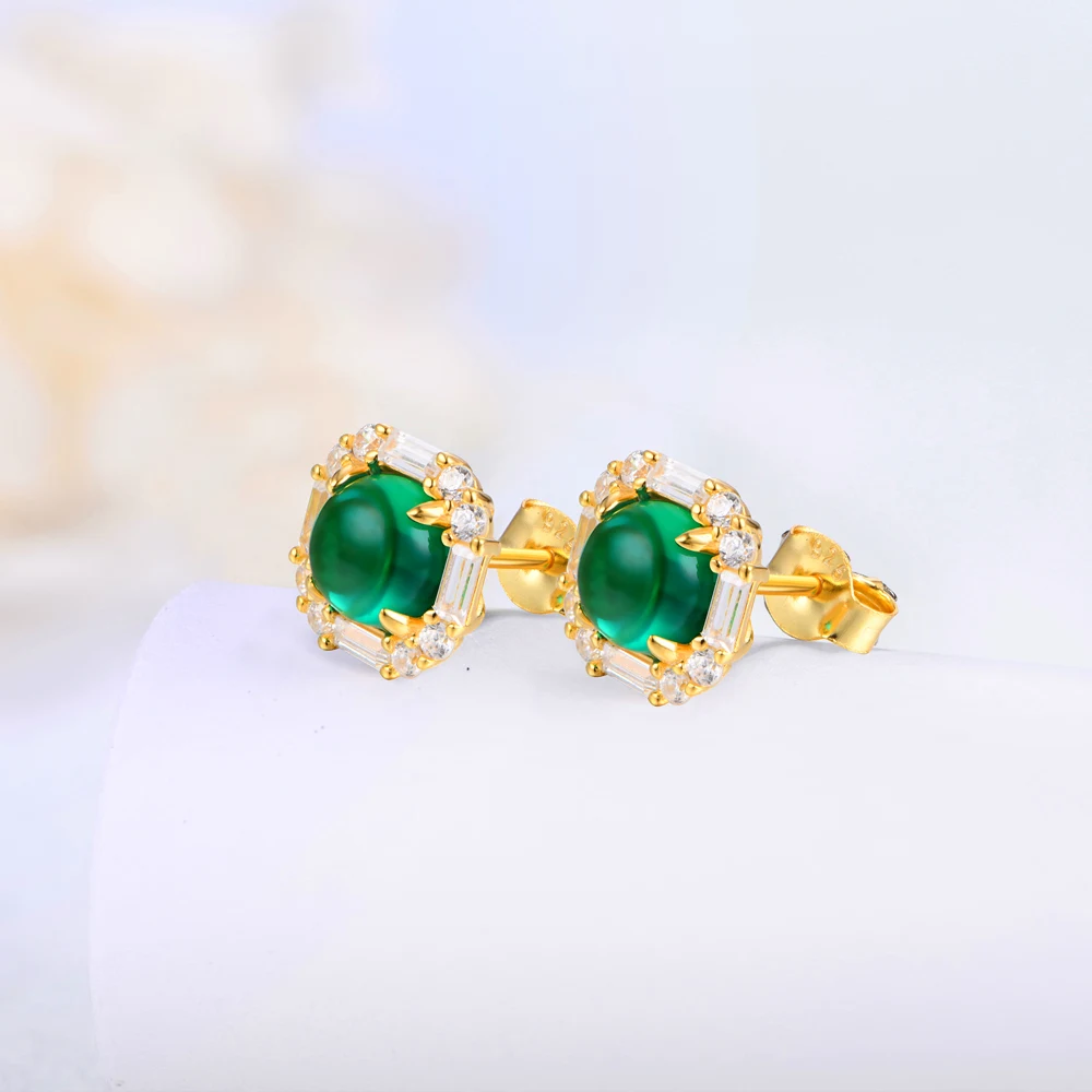 ATTAGEMS 100% 925 Sterling Silver Round Emerald Moissanite Gemstone Engagement 18K Gold Plated Earrings For Women Fine Jewelry
