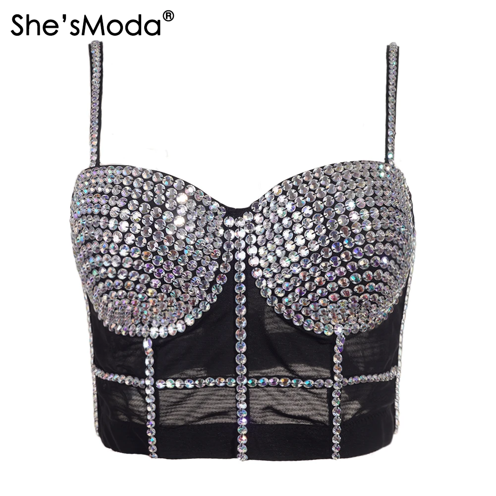 

She'sModa Mesh Diamonds 2021 New Push Up Bra Night Club Bralette Women's Cropped Top Vest Corset Plus Size