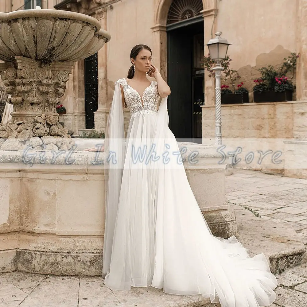 Vestidos De Novia De línea a con cuello en V, apliques De manga acampanada, encaje De flores, tren De corte sin espalda, De lujo, Vestidos De Novia