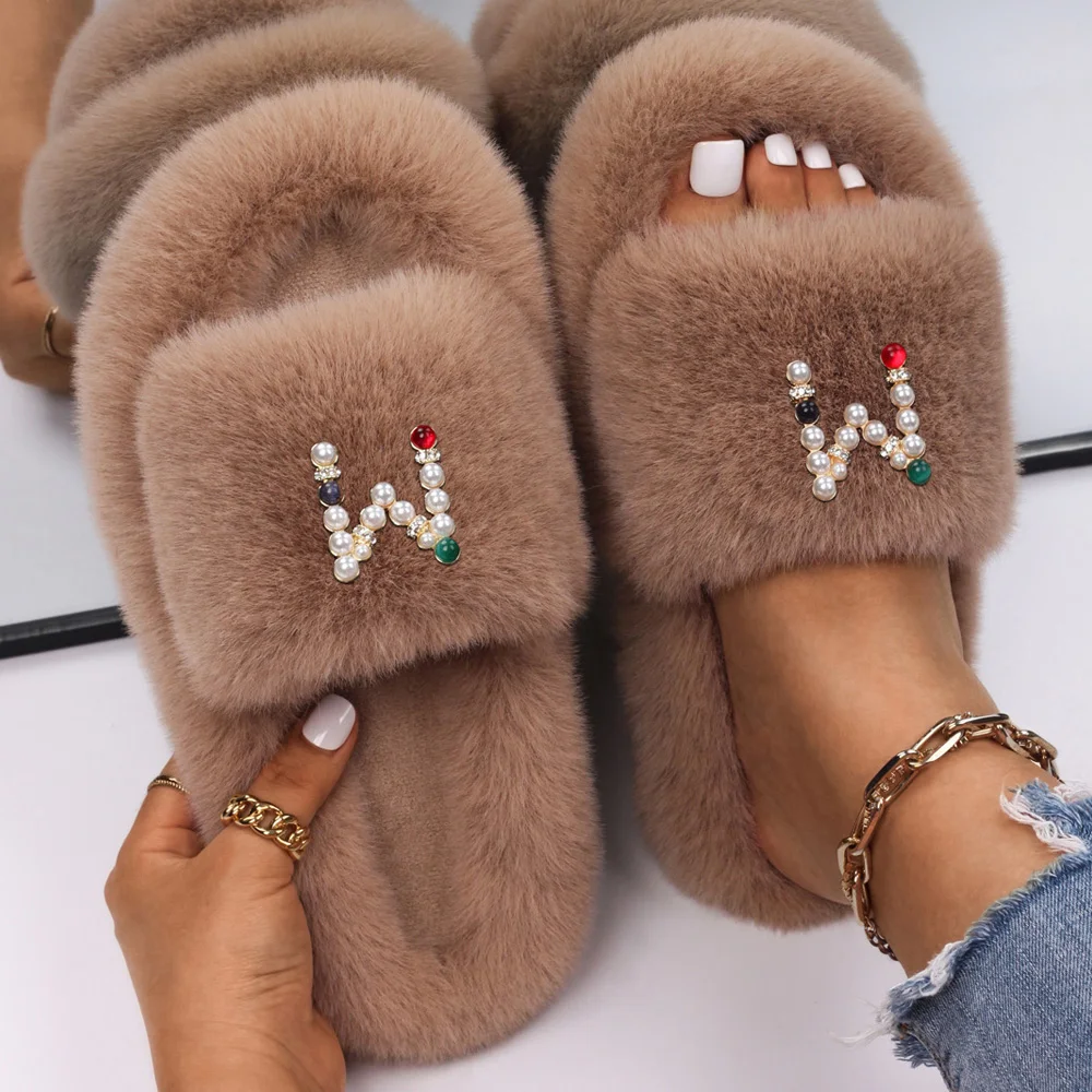 Designer Slides Fluffy Slippers Indoor Flat Faux Fur Sandals Platform Flip Flops Pearl Slippers Women Outdoor Casual Shoes 2021