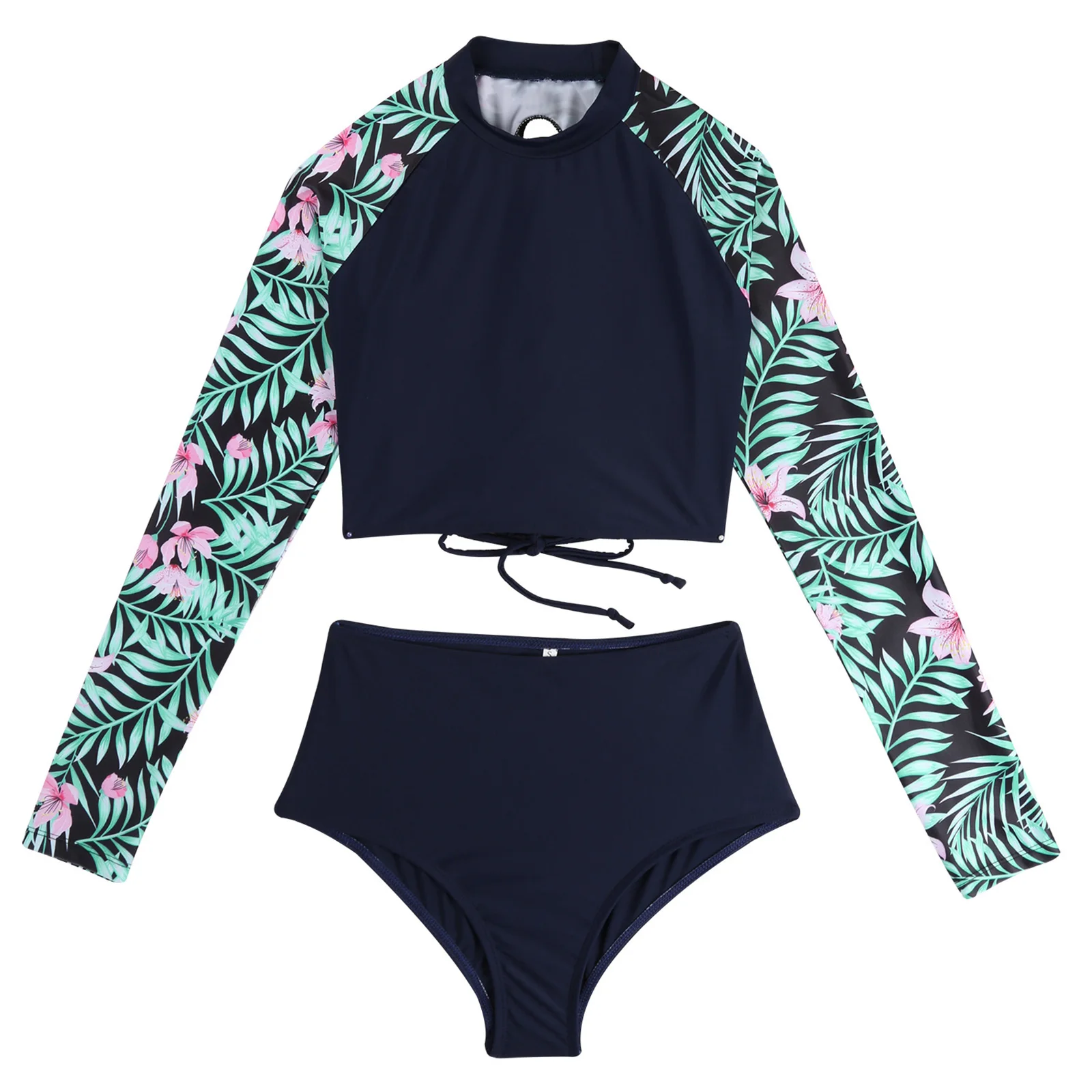 Kobiety dwuczęściowy strój kąpielowy strój kąpielowy kwiatowy Print z długim rękawem wysypka straż krótki Top z Ruched trójkąt zestaw Tankini strój