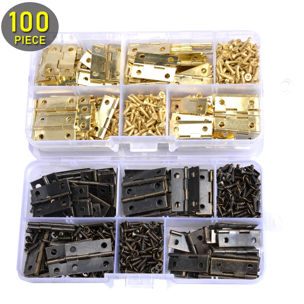 100 sztuk Mini zawiasy na tyłek z 400 sztuk śrub brązowe złote srebrne miniaturowe małe zawiasy dla rzemiosła drewniane pudełko na biżuterię szafka