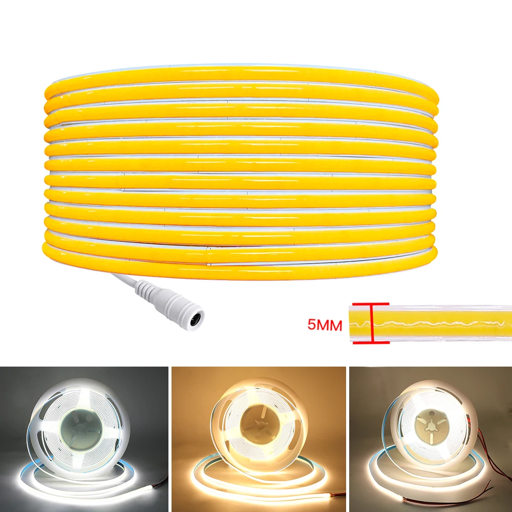 5MM DC 12V 24V Soft COB LED Strip Lighting 384 LEDs Tape Ribbon High Density Flexible FOB Led Light Bar RA90 LED Rope for Decor