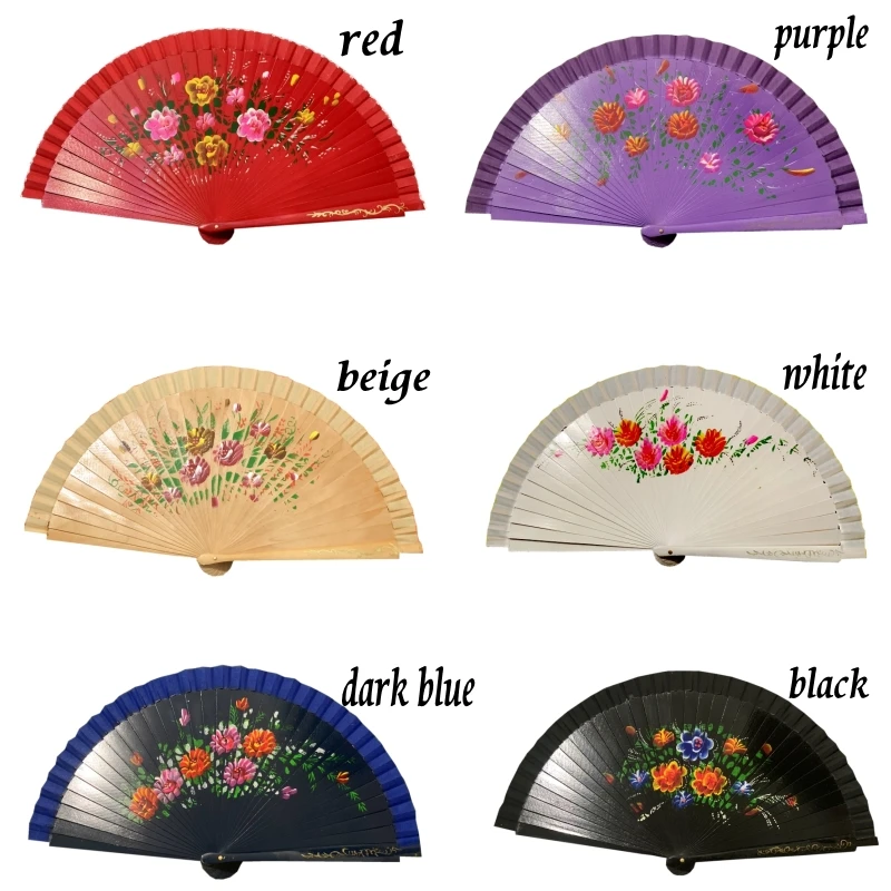 12PCS Hand Painted Flower Design Spanish Style Craft Wood Fan With Mixed Colors Pocket Gift Portable Party or Home Decorations