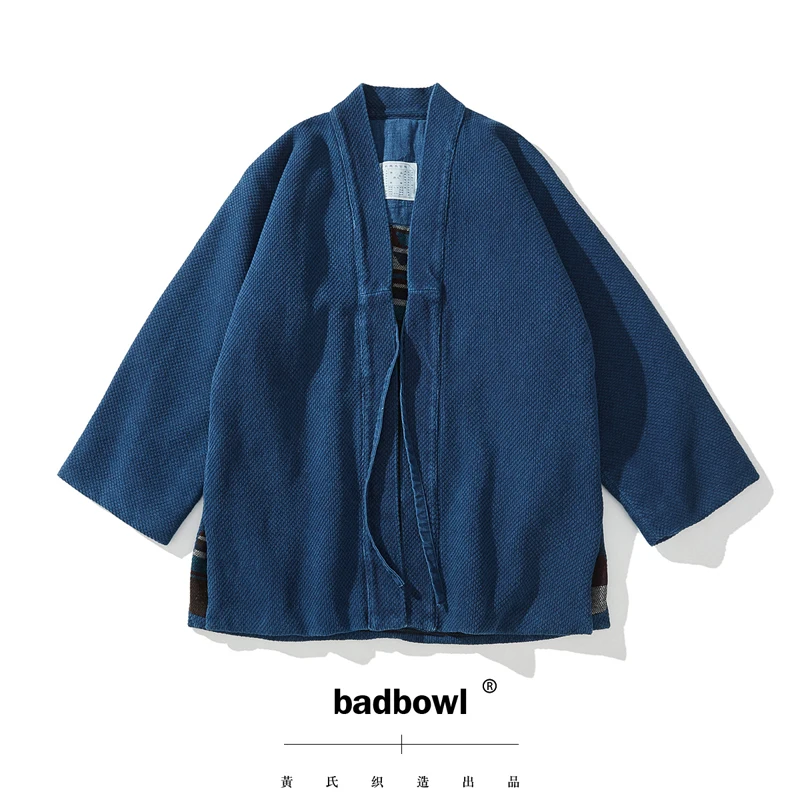 BADBOWL Plant INDIGO Dyeing Road Robe Heavy Kendo Fabric Japanese Retro Kimono Jacket Men's Flanel lhamo Jackets Casual Coat