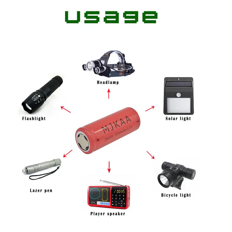 MJKAA 3/4/5/10pcs lot 26650 Lithium Batteries 7200mAh 3.7V Li-ion Rechargeable Battery For Flashlight Torch Power Bank
