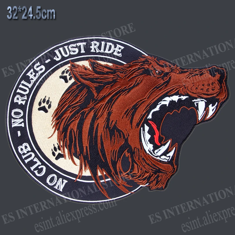 12.6 inches large Embroidery Patches single bear roaring NO CLUB NO RULES JUST RIDE for Jacket Back Vest Motorcycle Biker sew on