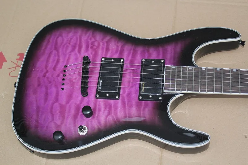 

custom 6 string guitar,black purple basswood body,quilted maple veneer,strings through body,black button