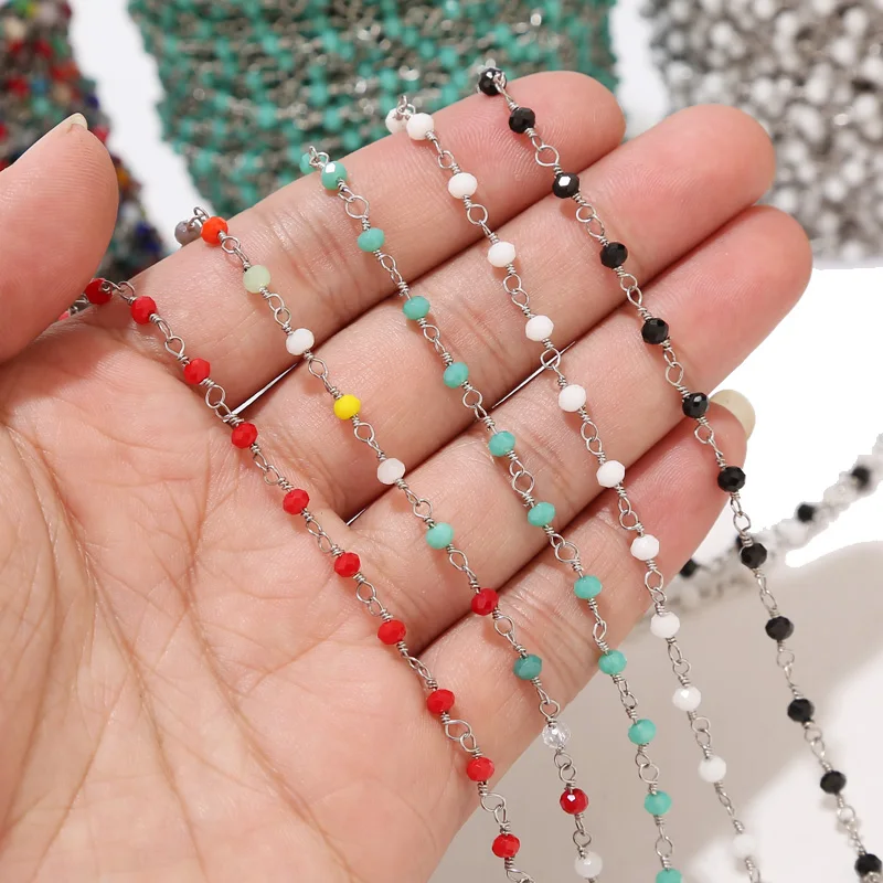 1 Meter Stainless Steel Glass Faceted Beaded Chain 3mm Beads Wire Wrapped Handmade Rosary Chain for DIY Jewelry