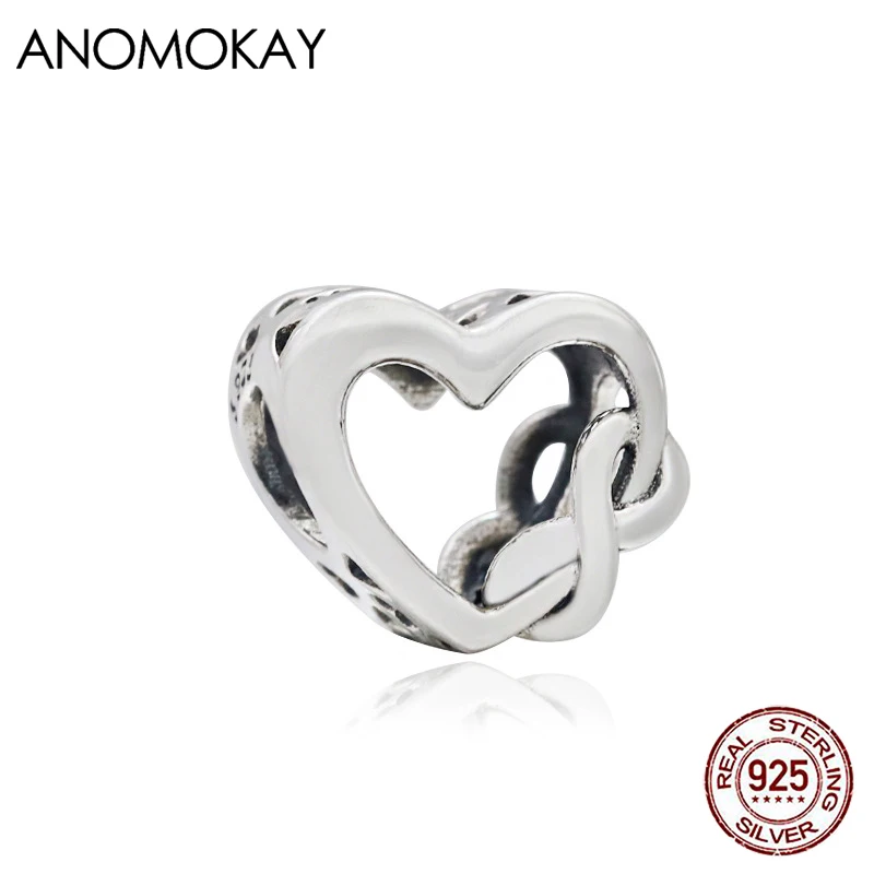 Anomokay Romantic Classic Openwork Heart Beads fit Bracelet & Bangle Real 925 Sterling Silver Bow Love Charms for DIY Jewelry