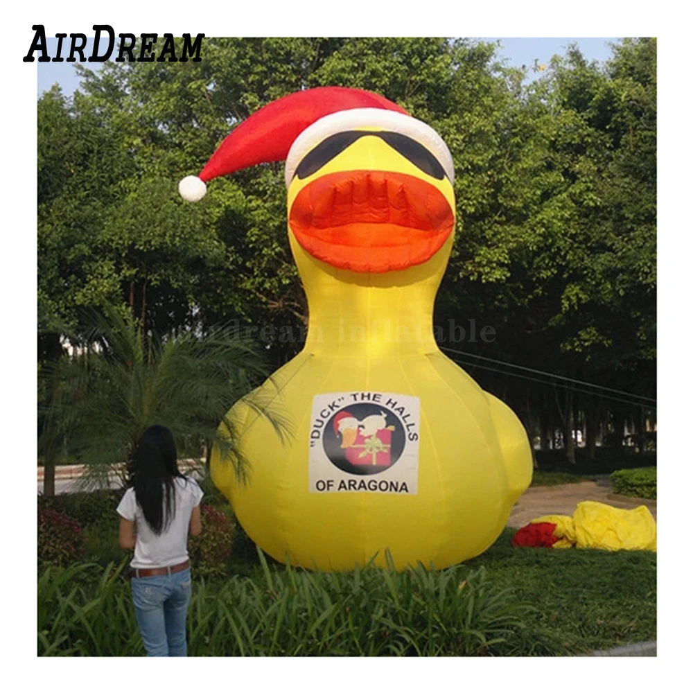 Cute Yellow Inflatable Duck Replica 3/4/6/8m with a red hatAir Blown Animal Mascot Model For Park And Pool Decoration