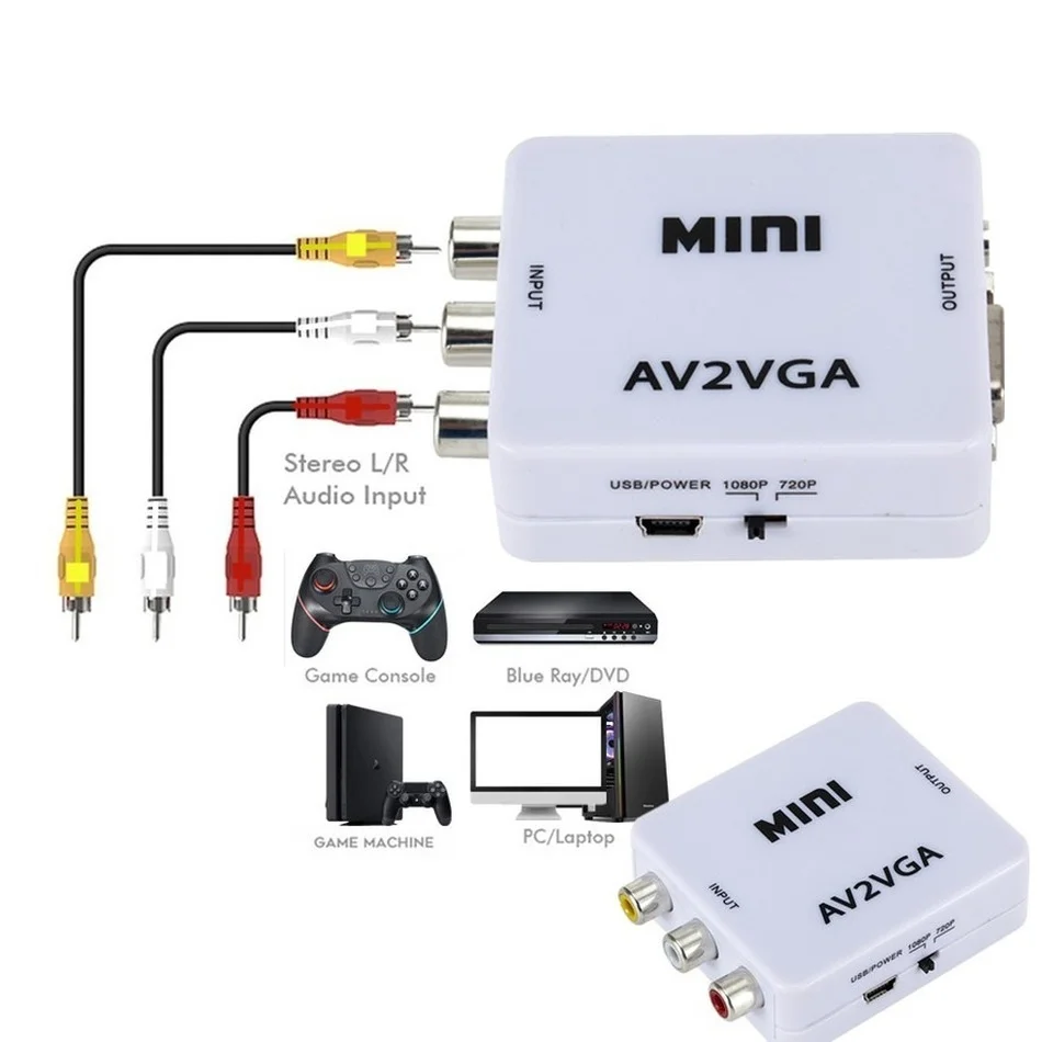 Mini conversor de vídeo hd av2vga, conversor av rca cvbs para vga, com áudio de 3,5mm, para pc, hdtv