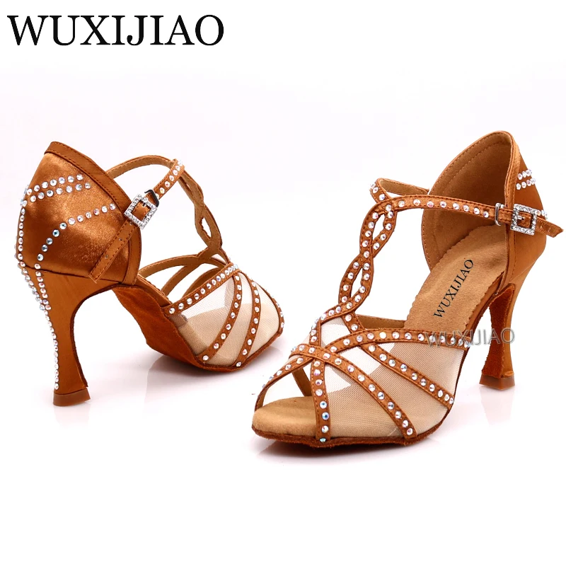 WUXIJIAOLatin dance shoes women\'s dinner dance shoes bronze skin black satin mesh shiny rhinestones salsa shoes high heels 9 cm