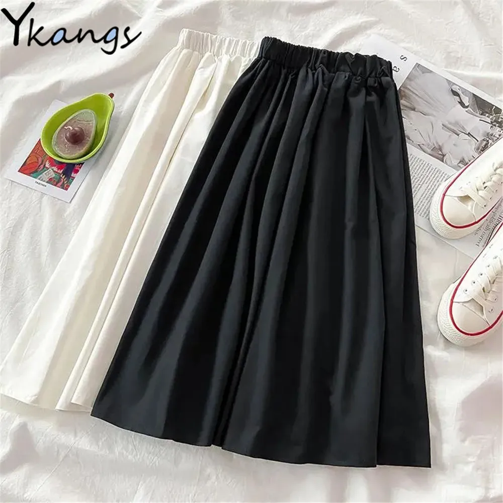 Solid Color Simple Plus Size 5XL Basic Long Skirt Women Wild Black White Pleated Skirt Female Big Size Summer Midi Saia Student