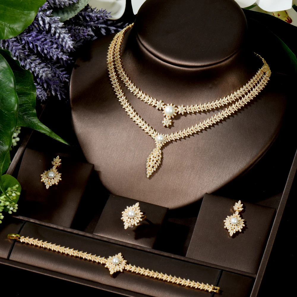 

HIBRIDE Charm Flower Design Exquisite CZ Pearl Earring Necklace Ring Bracelet Jewelry Set Full Micro Pave Nigerian Women N-1572