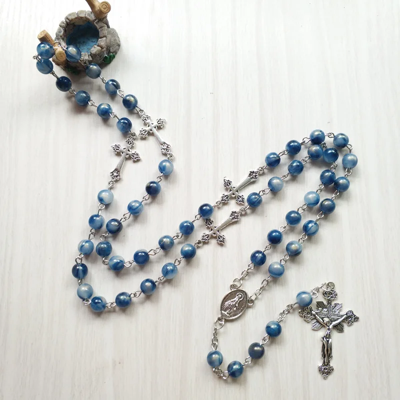 QIGO Blue Acrylic Rosary Necklace Long Cross Pendant Catholic Necklace Religious Jewelry For Men Women