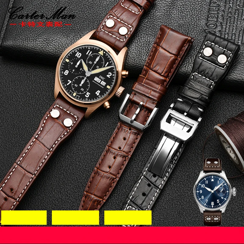 Crocodile ox belt stud watch strap for I-WC universal pilot iw500107 Puji pU7 botofino  watchband 22mm  male leather wristband