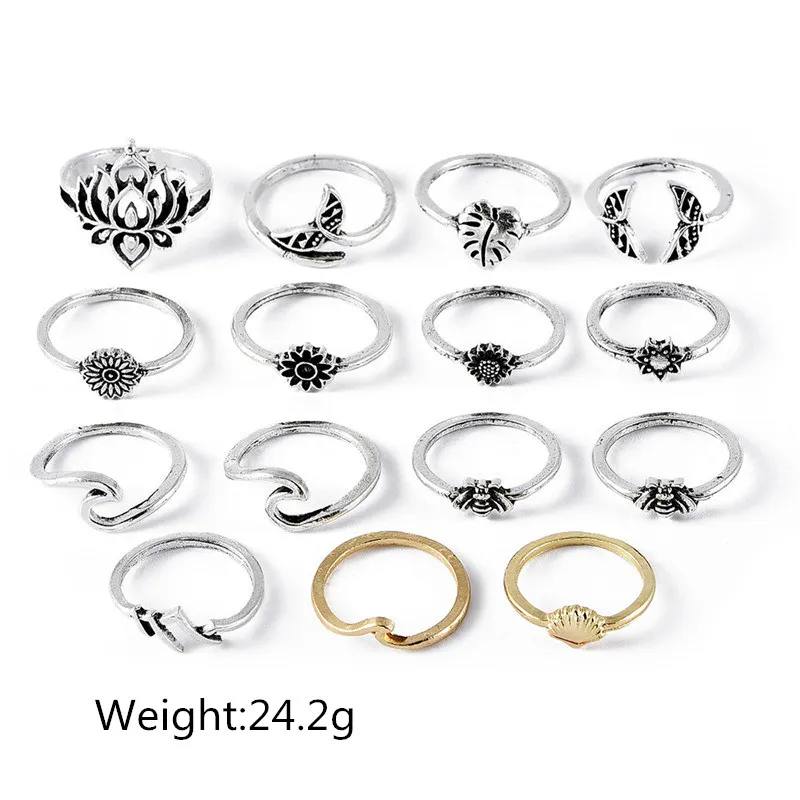 15Pcs/Set Boho Bee Lotus Flower Leaf Ring Set Fashion Wave Shell Fishtail Irregular Rings for Women Personality Jewelry Gifts