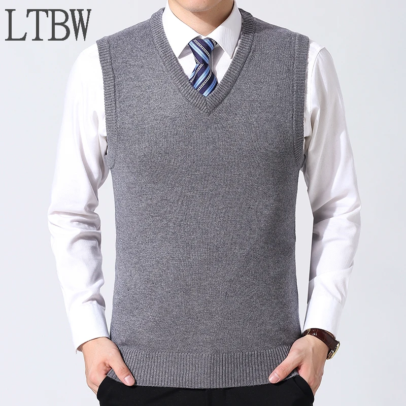 

LTBW New Arrival Men's Knitted Vest Solid Color Casual Business Knit Top Autumn Sleeveless V-neck Clothes