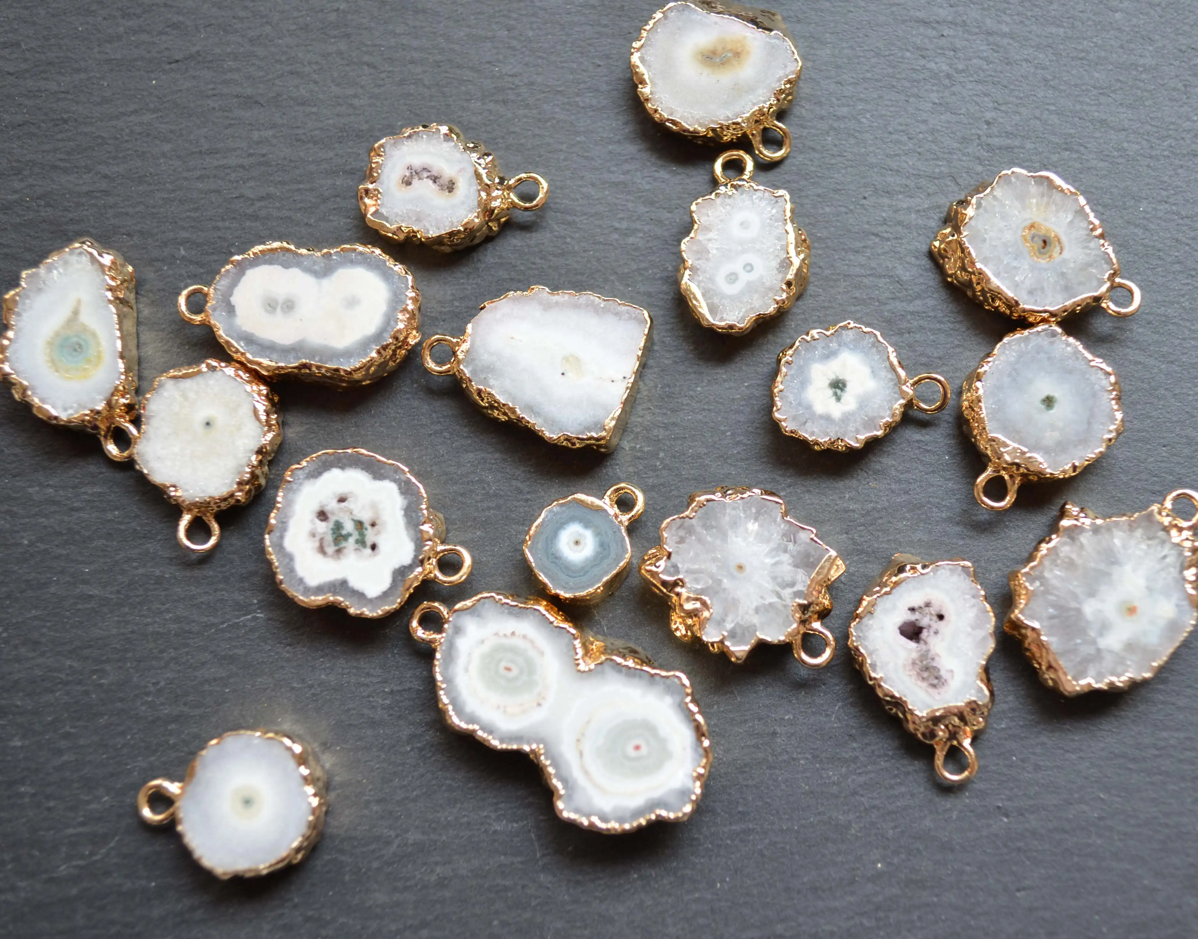 Mini White stalactite solar druzy slice pendant , white agates quartz pendants