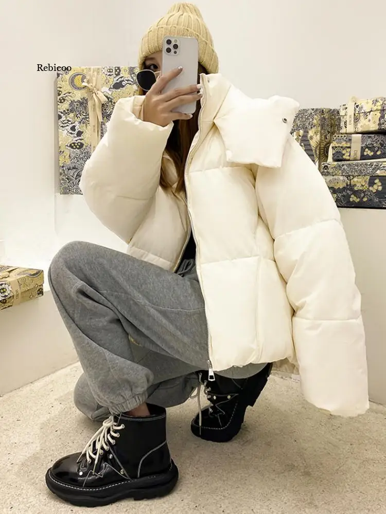 Winter Women Solid Thick Warm Oversize Parkas Loose Down Jacket Female Korean Elegant Hooded Cotton Jacket Winter Coats