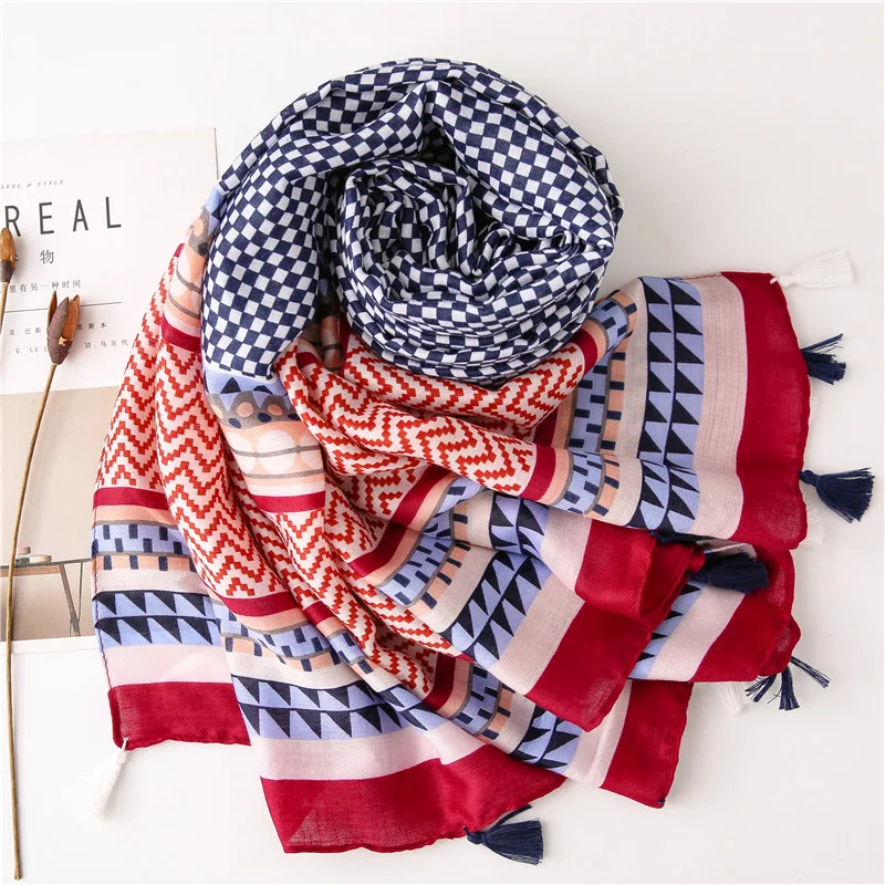 

2021 Newest Women Geometry Printed Scarf Cotton Tassel Scarf Quality Scarf Shawls Wraps Hijabs