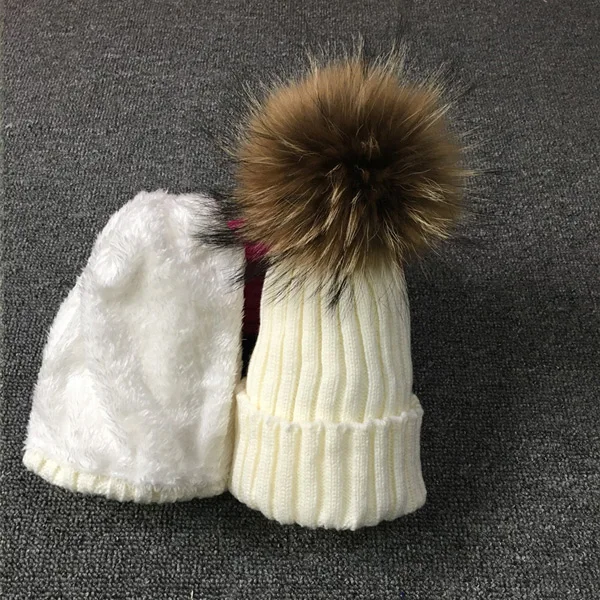 2024 kids winter hats Fahion Skullies Knitted hat kid\'s beanies boy girls Real Raccoon fur pompom hats set children hats scarf