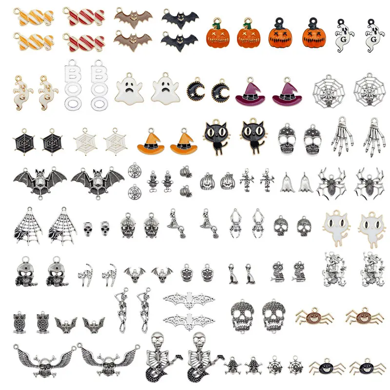 Julie Wang Halloween Charms Mixed Enamel Alloy Candy Ghost Pumpkin Bat Spider Cat Hat Skull Pendant Jewelry Making Accessory