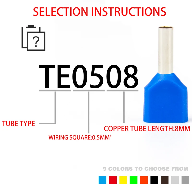 100PCS tubular insulated tubular terminal copper TE double wire series TE0508 TE1008 TE1508 TE2508 TE4009 TE6014 0.5~6.0mm²