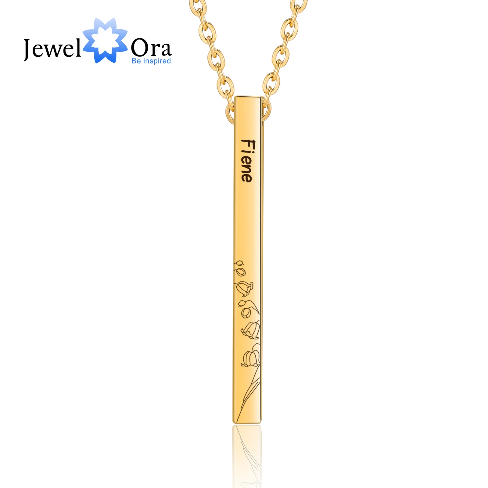 

Personalized 4 Side Name Engraved Birth Month Flower Pendant Custom Steel Black Gold Color Stainless Steel Vertical Bar Necklace