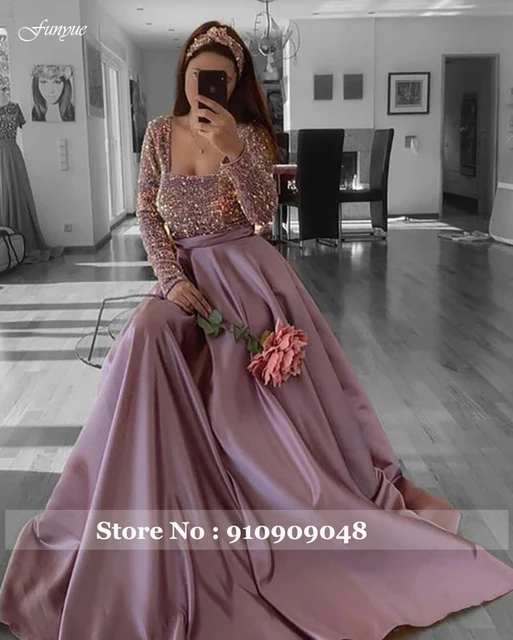 Long Sleeve Sequined Evening Dress | Long Sleeve Satin Evening Dress - Pink  A-line - Aliexpress