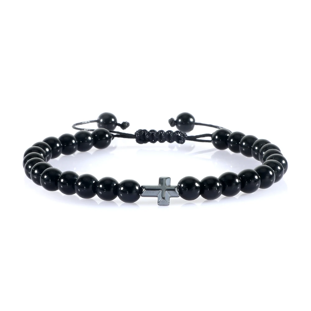 6MM Natural Stone Beads Braided Bracelet Prayer Christian Jesus Hematite Cross Bracelets Bangles Women Men Healing Yoga Jewelry