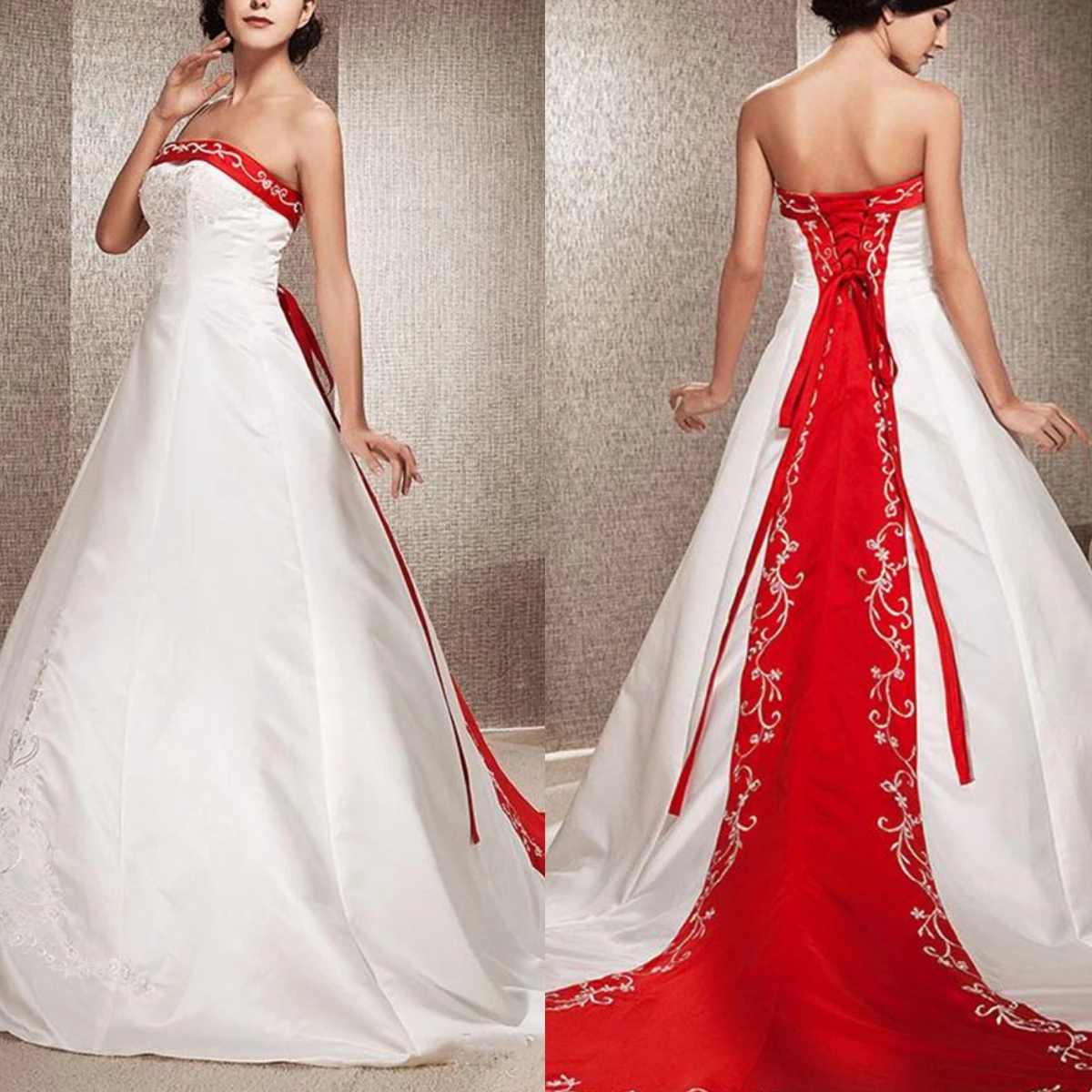 

Elegant Embroidery A-line Strapless Satin Wedding Dress Lace-up Back Court Train Mixed Color Plus Size Bride Formal Wedding Gown