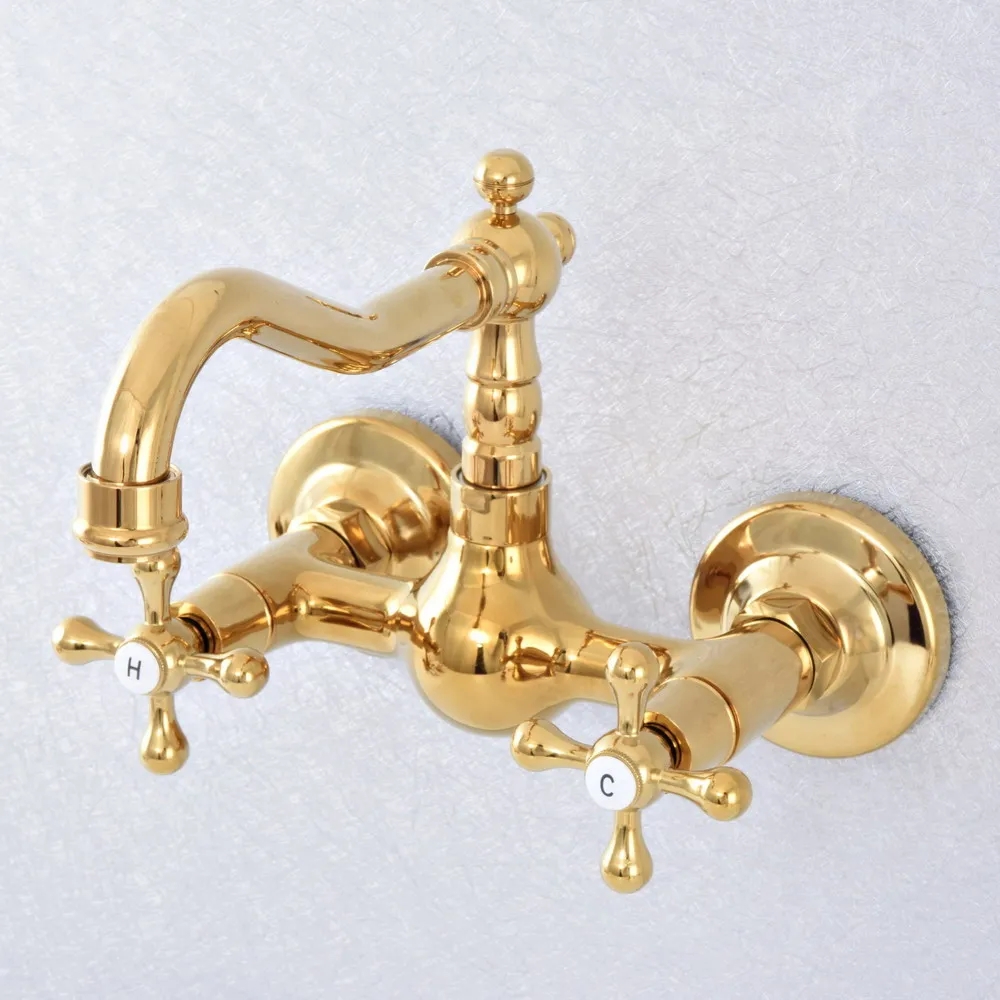 Polished Gold Color Brass Wall Mounted Double Cross Handles Bathroom Kitchen Sink Faucet Mixer Tap Swivel Spout asf617