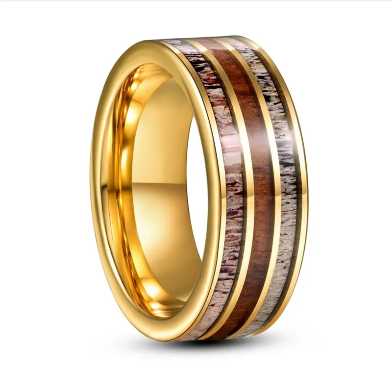 

8mm Electric Gold Color Inlaid Deer Antler Wood Grain Tungsten Steel Ring For Men Fashion Wedding Rings Jewelry Gift