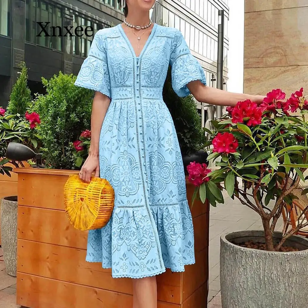 

Summer New Fashion Women's V-Neck Short-Sleeved Openwork Single-Breasted Ruffle Lace Waist Long Dress Boho Elegant Lace V Neck