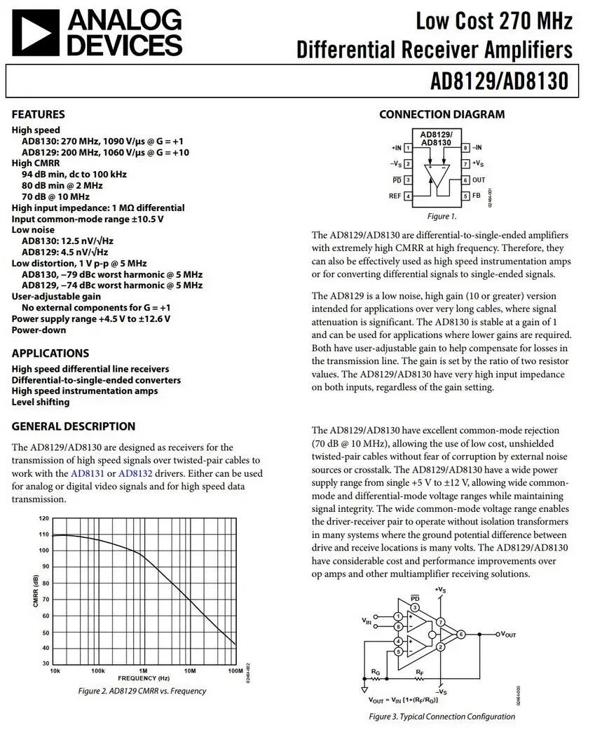 AD8130 module High-speed differential Receiver amplifier module Differential to single-ended, low noise