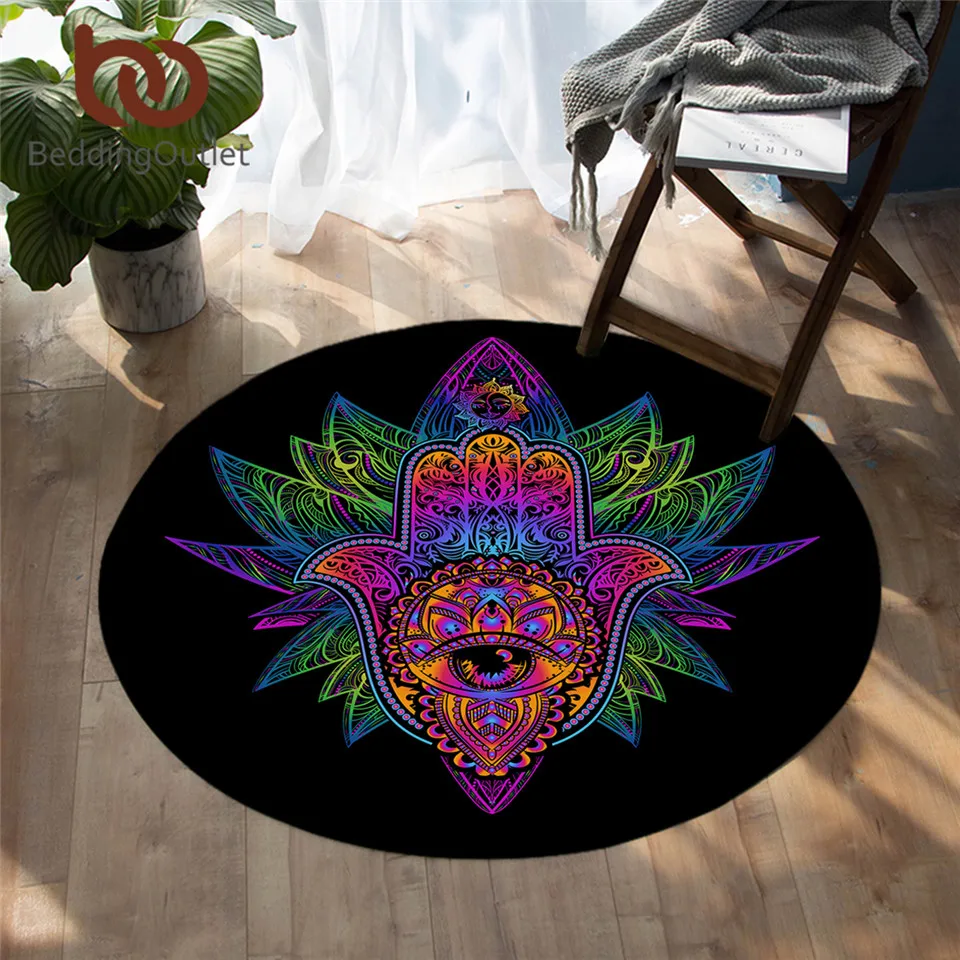 BeddingOutlet Hamsa Hand Round Carpet Colorful Boho Floor Mat Eye Non-slip Area Rugs Palm Lotus Flower tapetes para casa sala