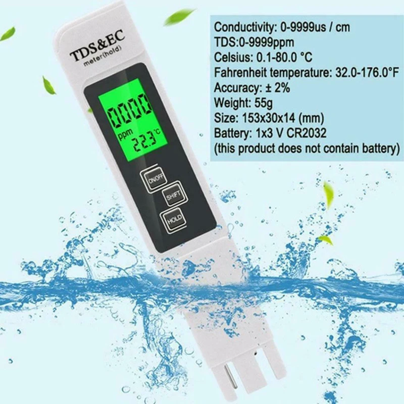 TDS & EC penguji kualitas air Digital, kisaran LCD Meter 0-9990 multifungsi kemurnian air pengukur suhu PPM Tester