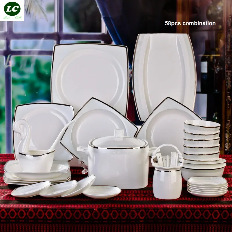 

Dinnerware Set Ceramic Bone China 48pcs Luxury Silver Jingdezhen Tableware Avowedly Dishes Set Plates Bowls