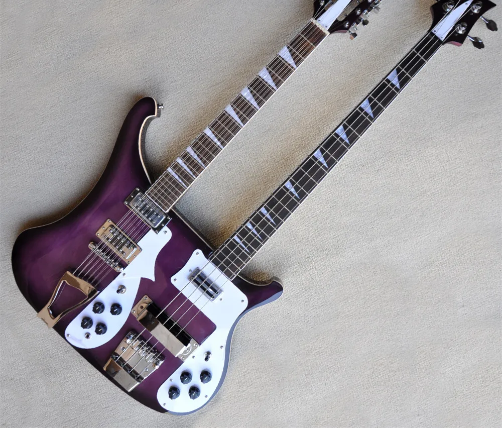 Factory Custom 12+4 Strings Purple body Double Neck Electric bass Guitar ,Chrome hardware,Provide customized service